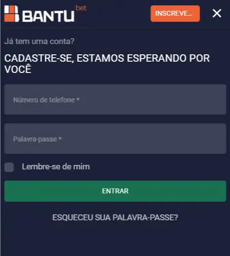 tela de login bantubet angola
